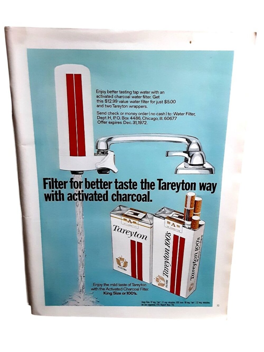 1971 Tareyton Cigarettes Activated Charcoal Water Filter Vintage Ad